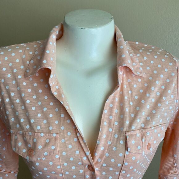 Y2K 2000s Bongo NWT Size L Top Peach Pink Polka Dot Collar Button Down Roll Tab - Picture 5 of 10